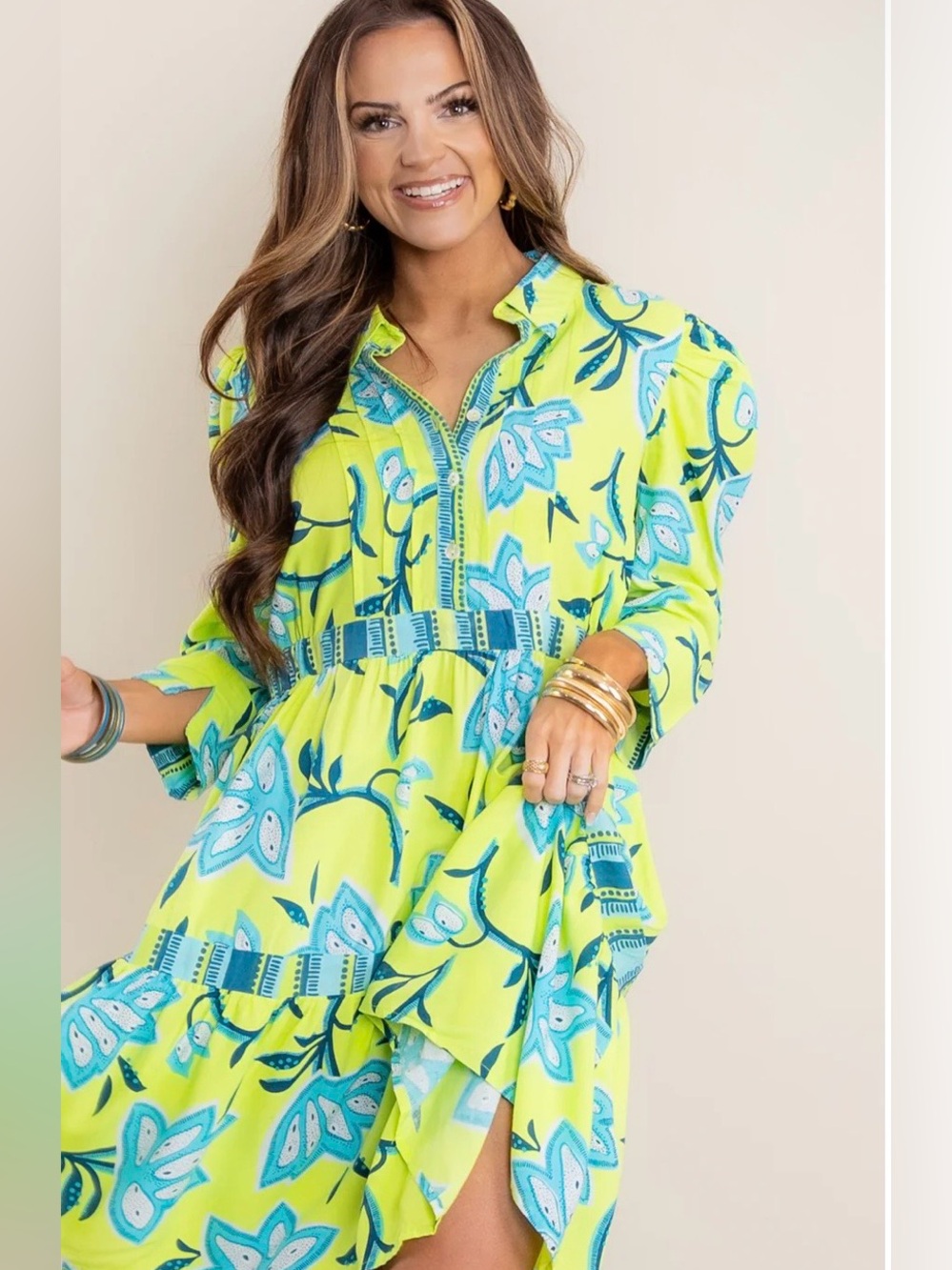 Avani Boutique Lime Green Floral Tiered Shirt Dress NWT XLarge Dancing Flower